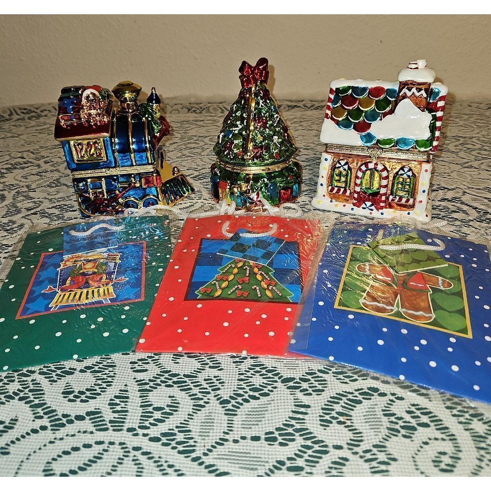 Set of 3 Mr. Christmas Animated Porcelain Hinged Trinket Music Boxes